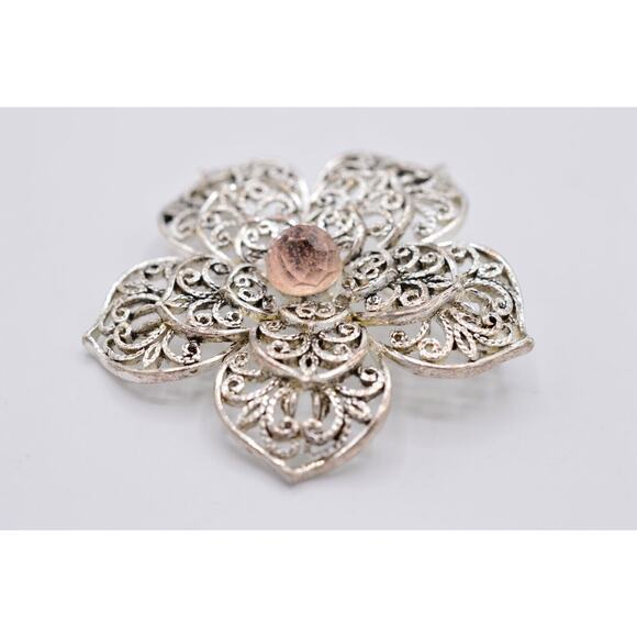 Monet Vintage Pin Brooch Silver Filigree Pink Crystal Flower Shiny Signed Bin5B - Picture 4 of 12